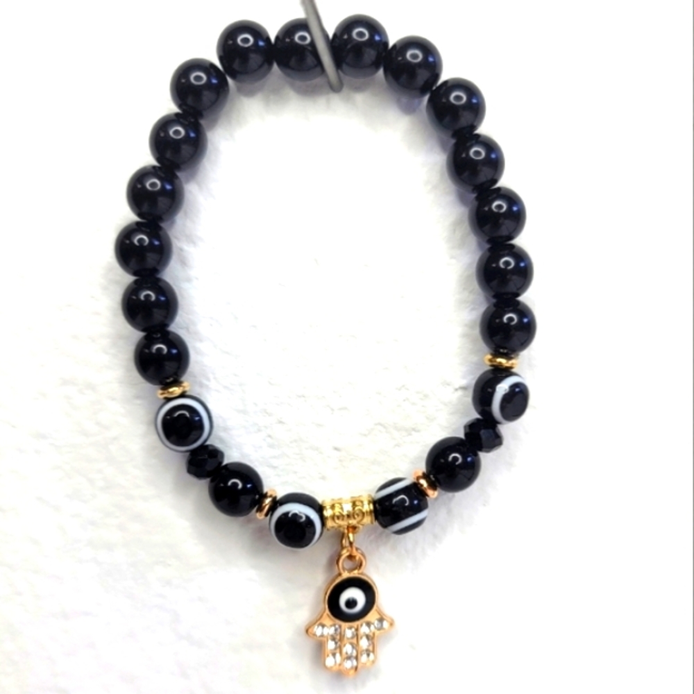 Hamsa Hand Bracelet, Rhinestones/Black/Gold With Evil Eyes NWOT